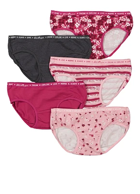 Womens Girls Floral Print Assorted Panties 5 Pack, Burgundy, Size 10-12