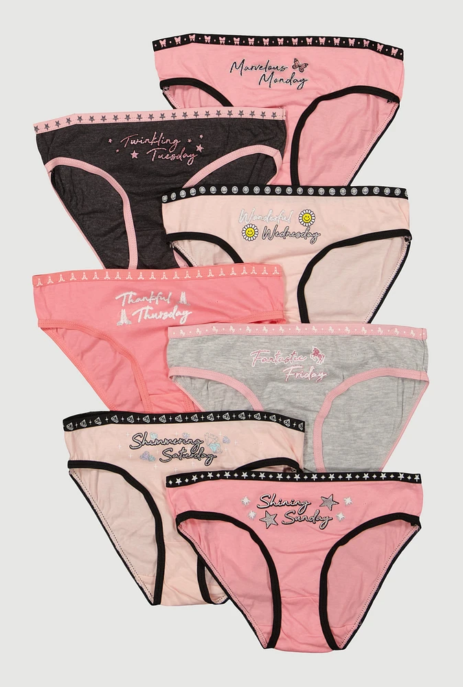 Womens Girls Contrast Trim Graphic Days of The Week Panties 7 Pack, Multi, Size 7-8