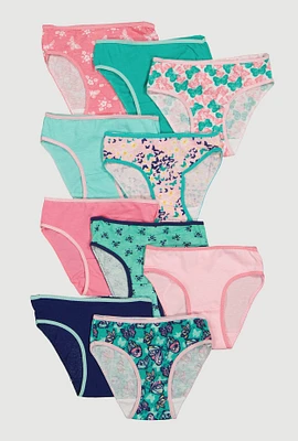 Womens Girls Contrast Trim Butterfly Print Panties Set of 10, Multi,