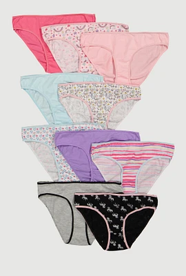 Womens Girls Printed Pattern Contrast Trim Panties 10 Pack, Multi, Size 10-12
