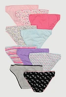 Womens Girls Printed Pattern Contrast Trim Panties 10 Pack, Multi, Size 10-12