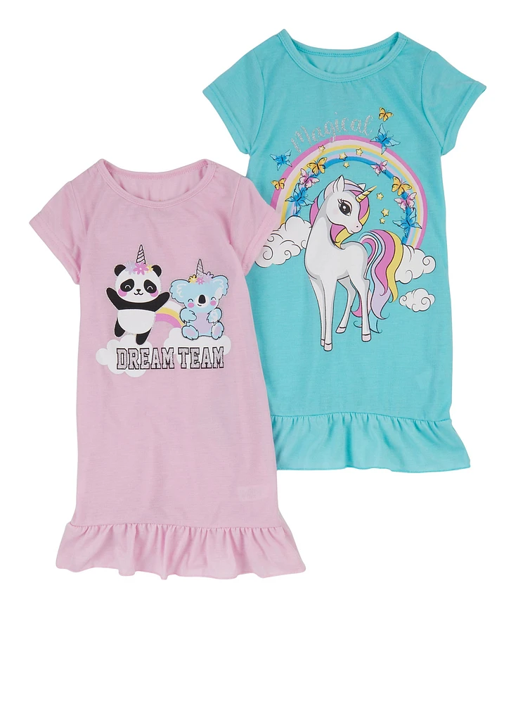 Girls Glitter Graphic Nightgown 2 Pack, Multi, Size 4