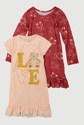Girls Love Bear Print Nightgowns 2 Pack, Multi, Size 12