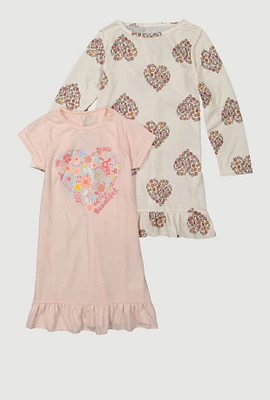 Girls Beautiful Floral Heart Print Nightgowns 2 Pack, Multi,