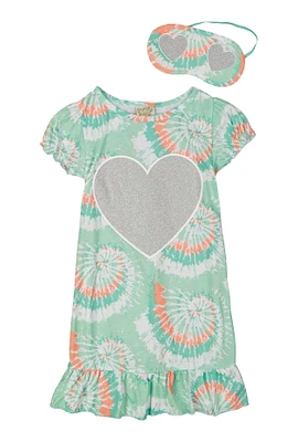 Little Girls Glitter Heart Nightgown with Sleep Mask, Green,