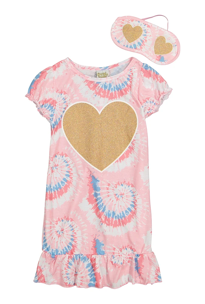 Little Girls Glitter Heart Nightgown with Sleep Mask, Pink, Size 8