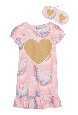 Little Girls Glitter Heart Nightgown with Sleep Mask, Pink, Size 8