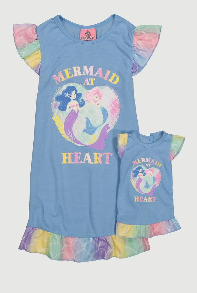 Girls Mermaid At Heart Graphic Nightgown, Blue, Size 6-6X