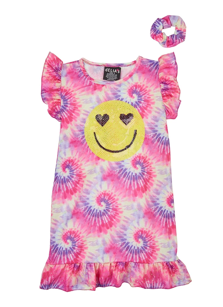 Little Girls Smiley Sequin Tie Dye Nightgown with Scrunchie, Pink,