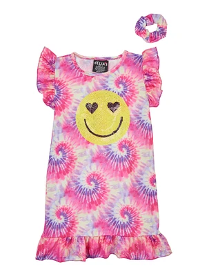 Little Girls Smiley Sequin Tie Dye Nightgown with Scrunchie, Pink,
