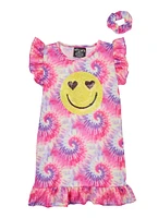 Little Girls Smiley Sequin Tie Dye Nightgown with Scrunchie, Pink,