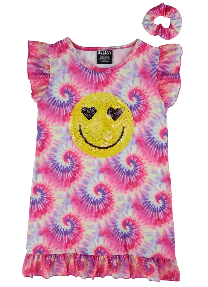 Girls Smiley Sequin Tie Dye Nightgown with Scrunchie, Pink, Size 10-12