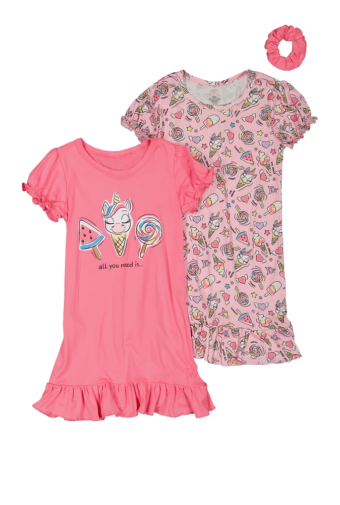 Little Girls Unicorn Ice Cream Print Nightgowns 2 Pack, Pink,