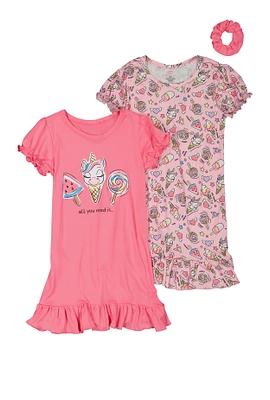 Little Girls Unicorn Ice Cream Print Nightgowns 2 Pack, Pink, Size 6X