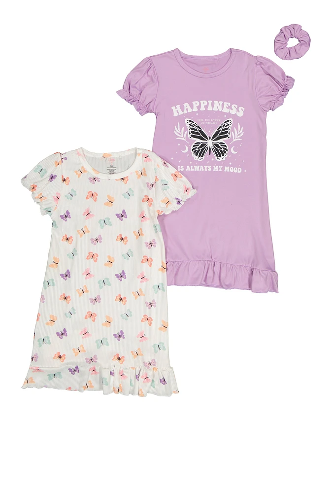 Little Girls Butterfly Graphic Print Nightgowns 2 Pack, Purple, Size 6X