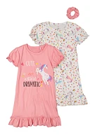 Little Girls Unicorn Graphic Nightgowns with Scrunchie, Pink, Size 6X