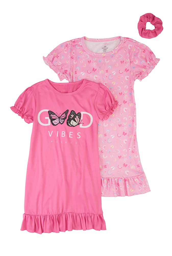 Little Girls Good Vibes Graphic Nightgowns with Scrunchie, Pink,