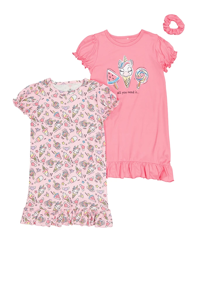 Girls Unicorn Ice Cream Graphic Print Nightgowns 2 Pack, Pink, Size 7-8