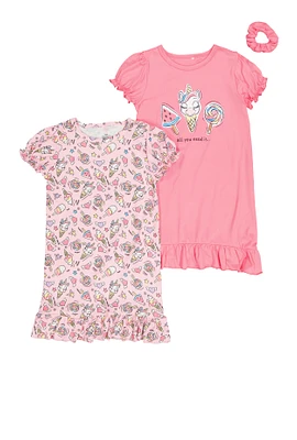 Girls Unicorn Ice Cream Graphic Print Nightgowns 2 Pack, Pink, Size 7-8
