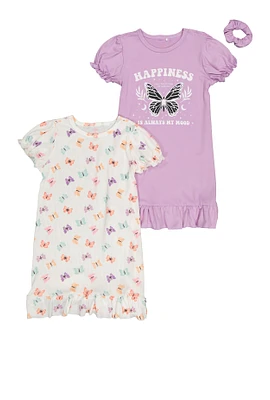 Girls Butterfly Graphic Print Nightgowns 2 Pack, Multi, Size 7-8