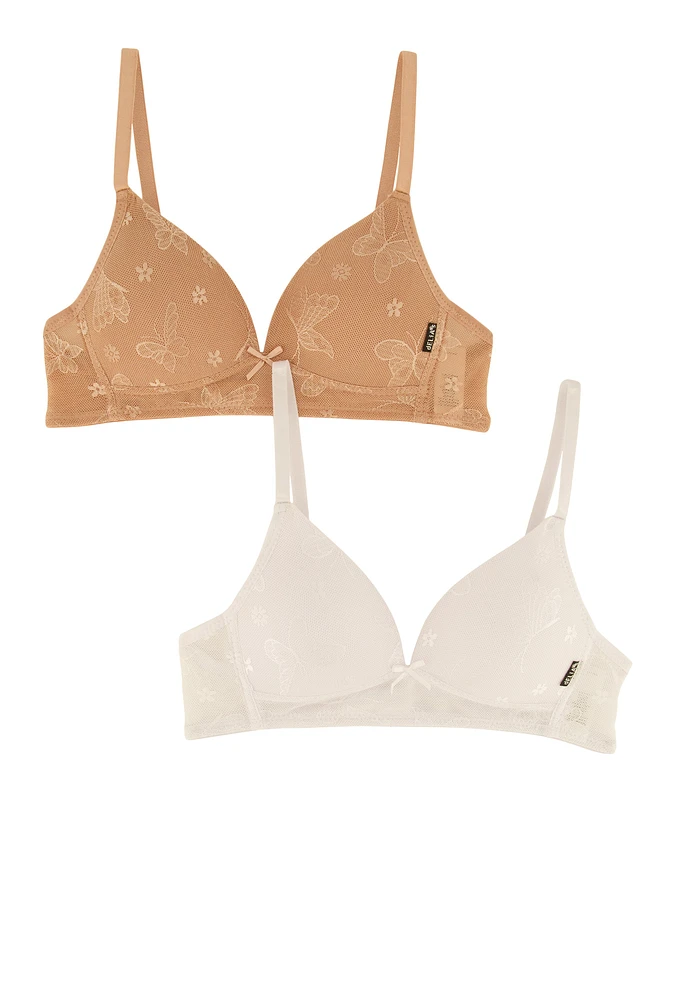 Womens Girls Patterned Lace Plunge Bra 2 Pack, Multi, Size 34A