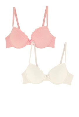 Womens Girls Ribbed Knit Lace Trim Plunge Bra 2 Pack, Multi, Size 34W