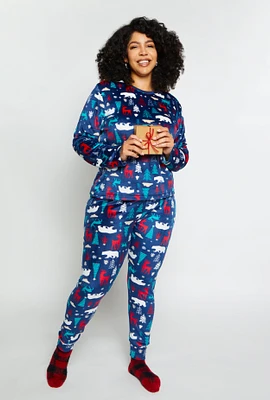 Plus Size Matching Printed Snug Fit Family Pajamas, Blue, Size 3X