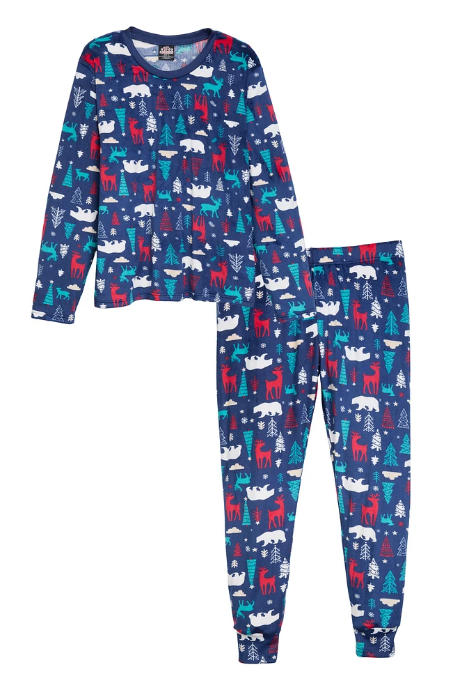 Plus Size Matching Printed Snug Fit Family Pajamas, Blue, Size 3X