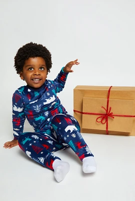 Toddlers Unisex Matching Printed Snug Fit Family Pajamas, Blue, Size 2T