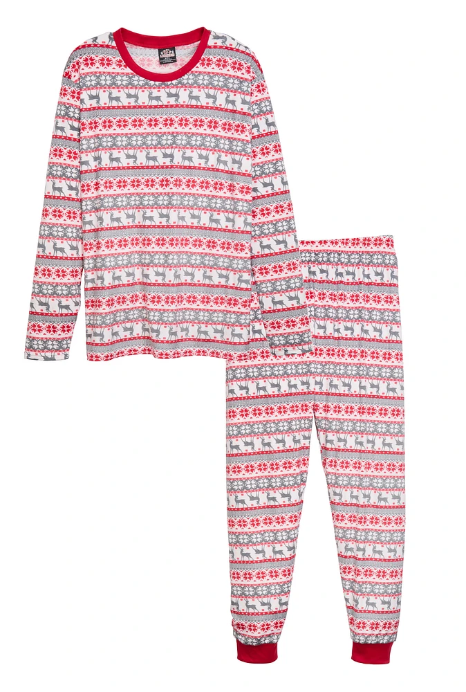 Mens Matching Reindeer Fair Isle Snug Fit Family Pajamas, Red, Size L