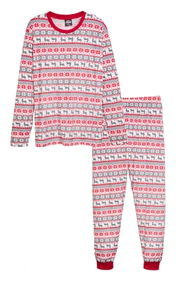 Mens Matching Reindeer Fair Isle Snug Fit Family Pajamas, Red, Size L