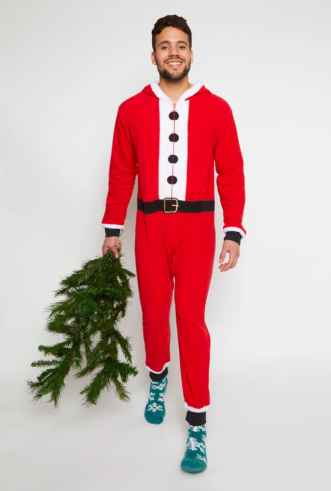Womens Mens Matching Santa Claus Hooded Onesie Family Pajamas, Red, Size L
