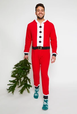 Womens Mens Matching Santa Claus Hooded Onesie Family Pajamas, Red, Size L