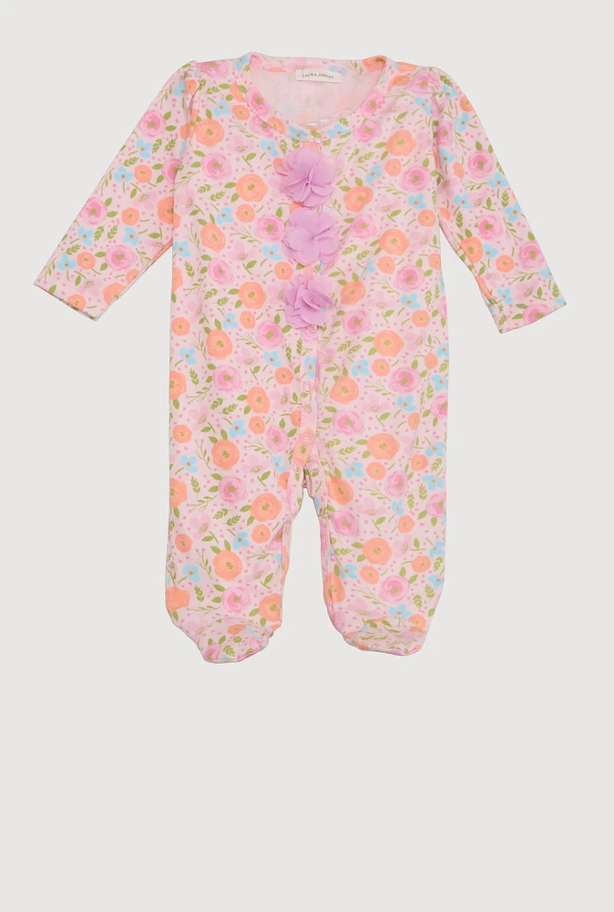 Baby Girls 0-9M 3D Flower Carnation Print Footed Onesie, Multi, Size 3-6M
