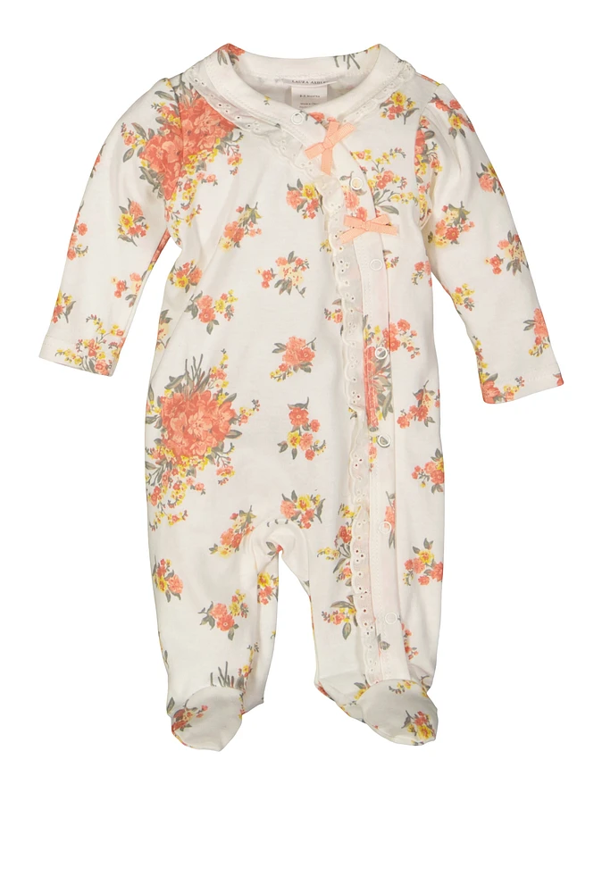 Baby Girls 0-9M Primrose Floral Footed Onesie, White, Size 3-6M