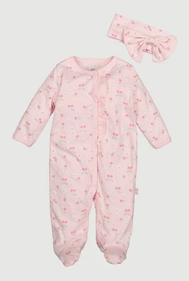 Baby Girls 0-9M Cherry Hearts Footed Onesie with Headband, Pink, Size 0-3M