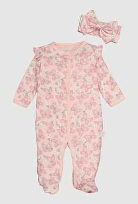 Baby Girls 0-9M Butterfly Print Footed Jumpsuit and Headband, Pink, Size 0-3M