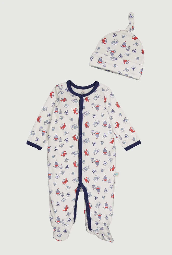 Baby Boys 0-9M Sailboats Print Footed Jumpsuit and Hat, White, Size 0-3M