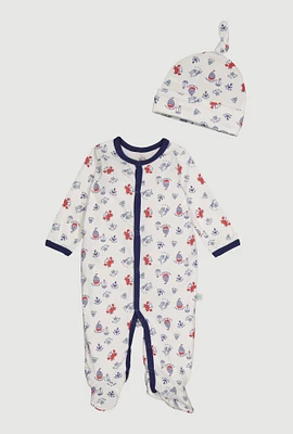 Baby Boys 0-9M Sailboats Print Footed Jumpsuit and Hat, White, Size 0-3M