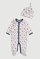 Baby Boys 0-9M Sailboats Print Footed Jumpsuit and Hat, White, Size 0-3M