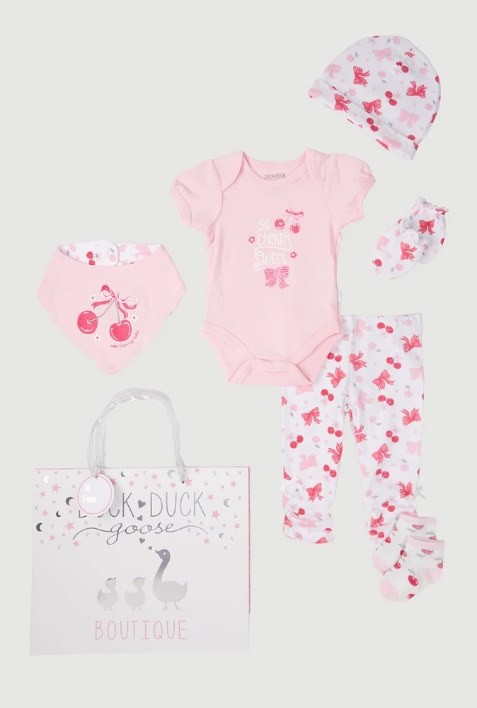 Baby Girls 0-9M So Cherry Sweet Bodysuit and Ruched Pants with Hat Gift Set, Pink, Size 3-6M