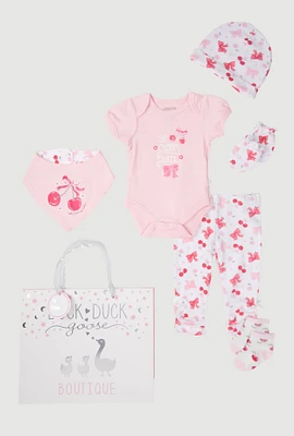Baby Girls 0-9M So Cherry Sweet Bodysuit and Ruched Pants with Hat Gift Set, Pink, Size 3-6M