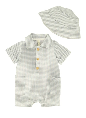 Baby Boys 0-9M Gauze Knit Gingham Print Romper with Bucket Hat, Blue, Size 3-6M