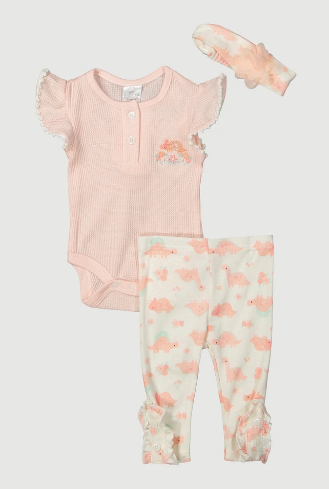 Baby Girls 0-9M Floral Dinosaur Bodysuit with Pants and Headband, Pink, Size 3-6M