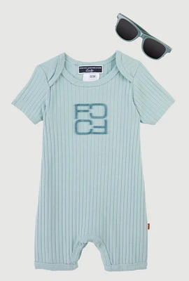 Baby 0-9M Chenille Patch Romper with Sunglasses, Blue, Size 3-6M