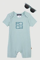 Baby 0-9M Chenille Patch Romper with Sunglasses, Blue, Size 3-6M