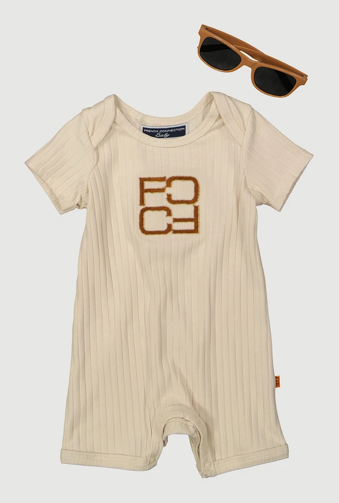 Baby 0-9M Chenille Patch Romper and Sunglasses, Beige, Size 3-6M