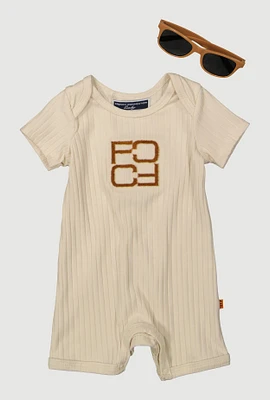 Baby 0-9M Chenille Patch Romper and Sunglasses, Beige, Size 3-6M