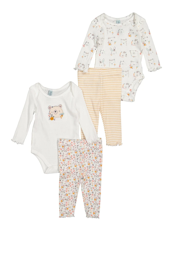 Baby Girls 0-9M Floral Bear Bodysuits and Leggings Set, Multi,