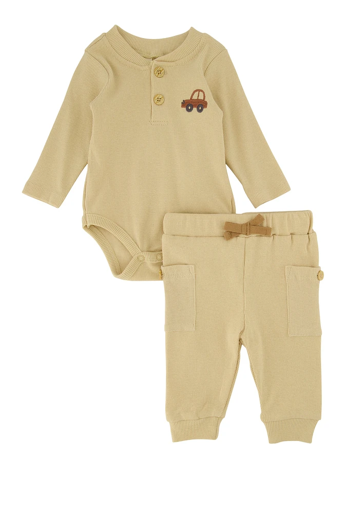 Baby Boys 0-9M Car Graphic Bodysuit and Joggers, Beige, Size 0-3M